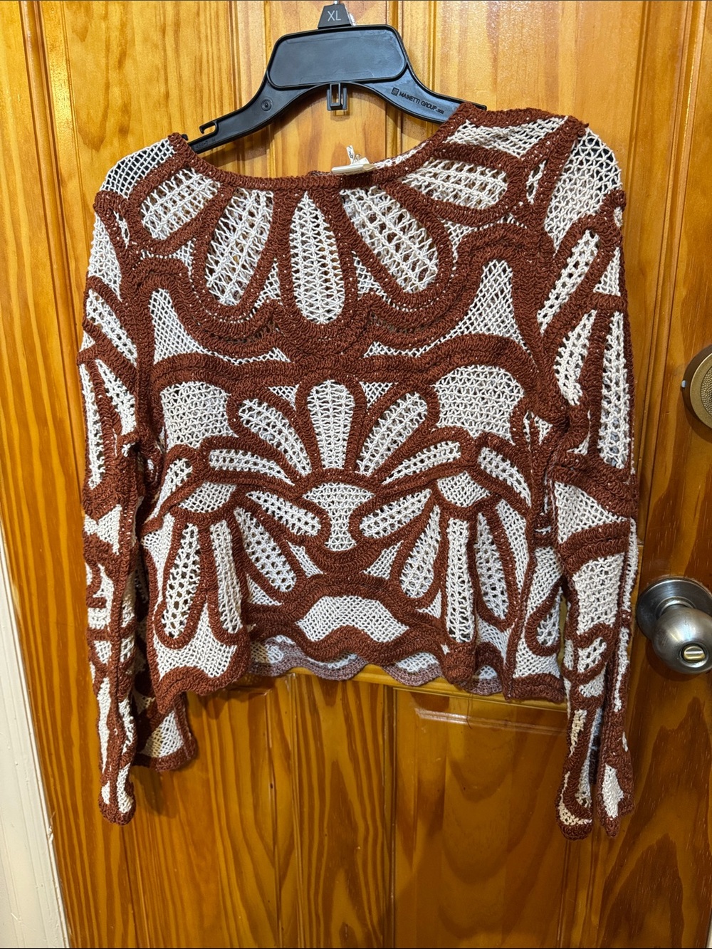 Ultra Pink Cream & Brown Open-Knit Crochet Crewneck Sweater